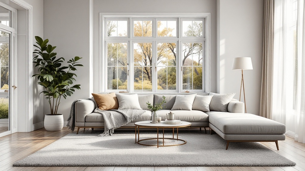 Wohnzimmer mit Teppich und Vorhängen zur Schalldämmung