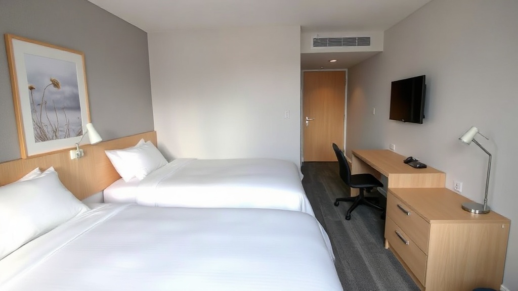 Gästezimmer mit zwei Einzelbetten und Schreibtisch