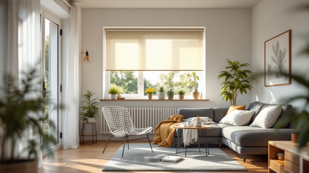 Wohnzimmer mit geschlossenen Vorhängen und einem Standventilator im Sommer