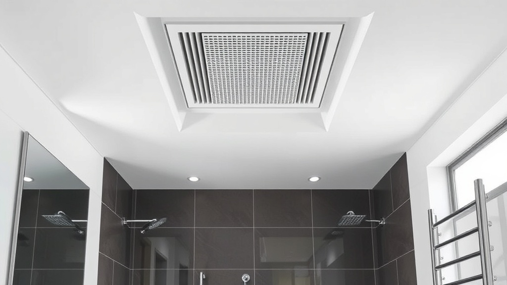 Modernes Badezimmer mit Fliesen, Dusche und dezent angebrachtem Lüftungsgitter an der Decke