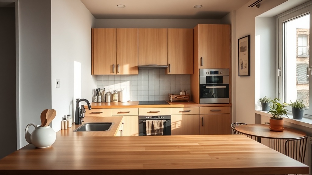 Kompakte, helle Küche mit Holzarbeitsplatte, Unterbauleuchten und aufgeräumter Arbeitszone in Beige