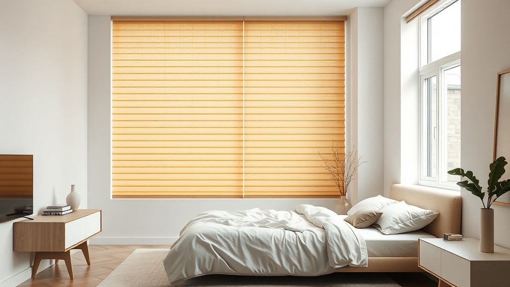 Modernes Schlafzimmer mit sandfarbenem Plissee am Fenster und ruhiger, minimalistischer Optik