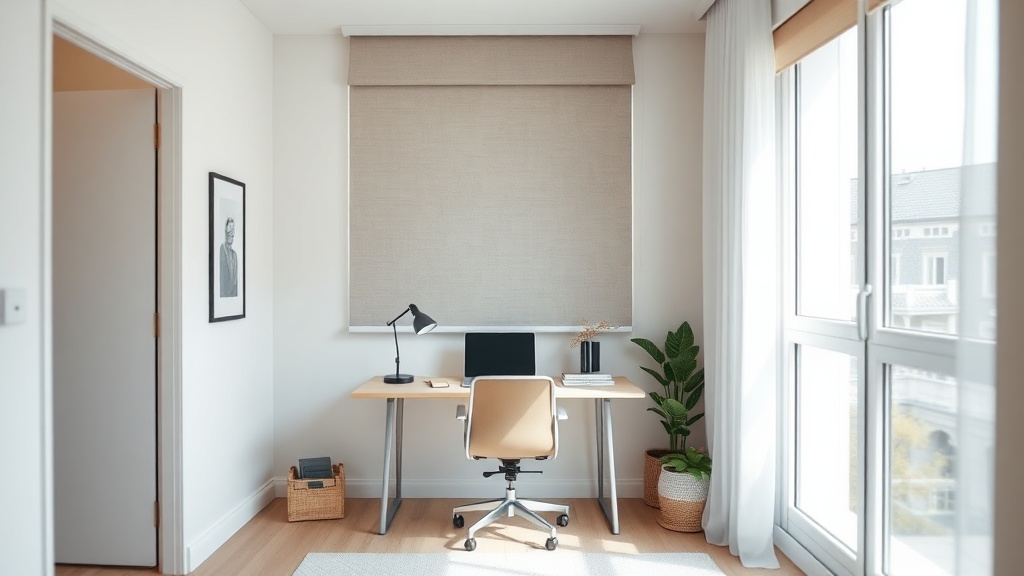 Fenster-Sichtschutz im Home Office mit neutralem Rollo zur Blendkontrolle am Arbeitsplatz