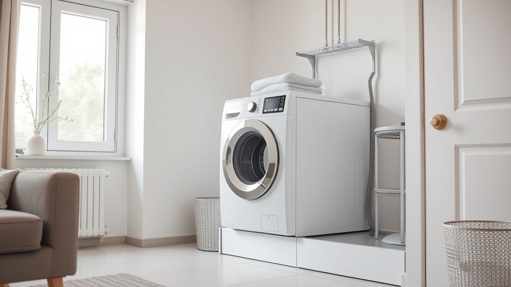 Waschtrockner in einer modernen, hellen Waschküche mit stabiler Stellfläche und sauber geführten Schläuchen