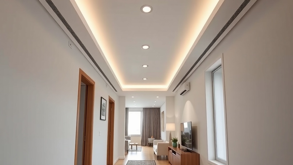 Abgehängte Gipskartondecke im Flur mit integrierten LED-Spots und sauberer Schattenfuge